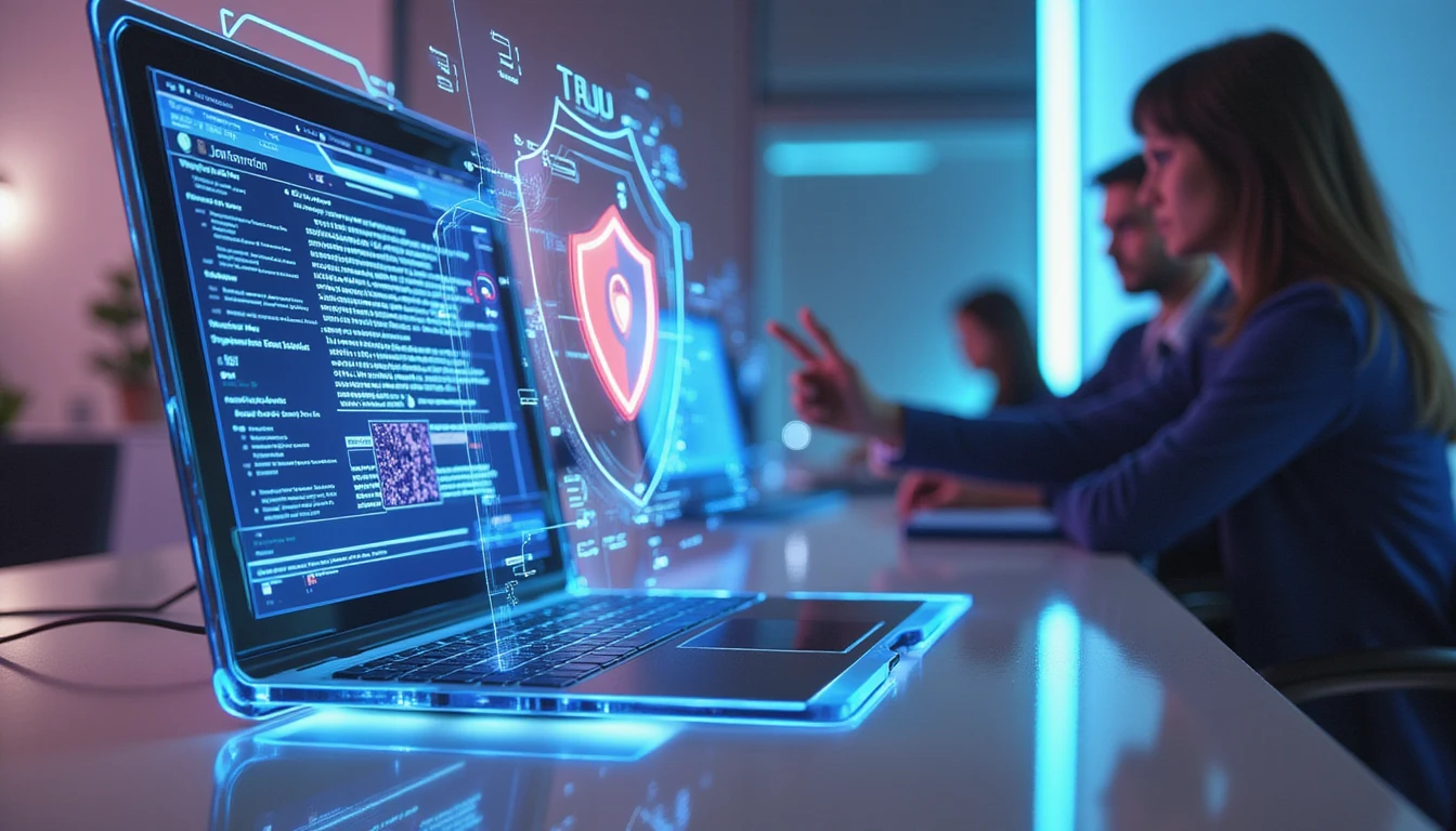 Futuristic insurance office with a forensic tool analyzing a holographic screen for fraud, surrounded by neon-lit security interfaces.