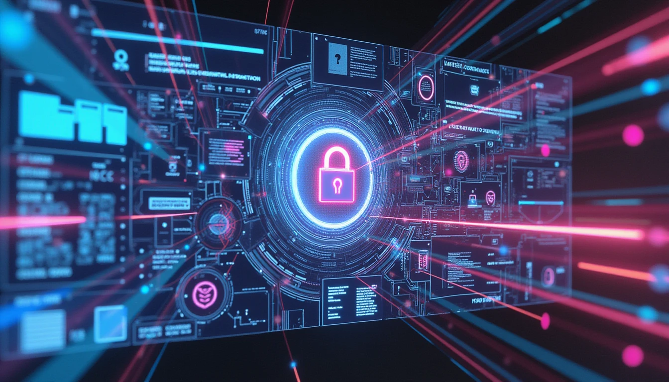 Futuristic AI fraud detection interface with neon data streams scanning documents, biometric icons, and cyber shield for GDPR compliance