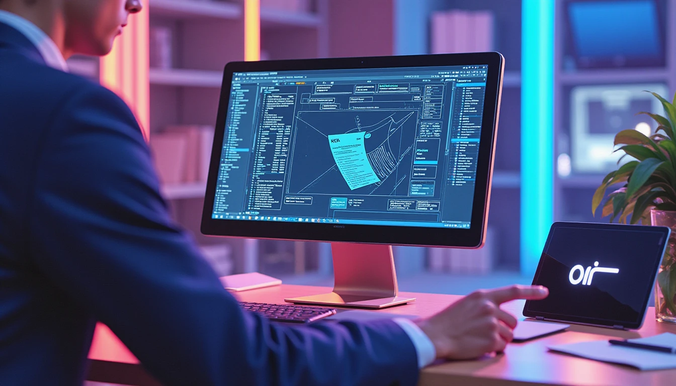 Insurance analyst at sleek workstation reviewing data, with neon AI system overlay detecting invoice fraud in futuristic office setting
