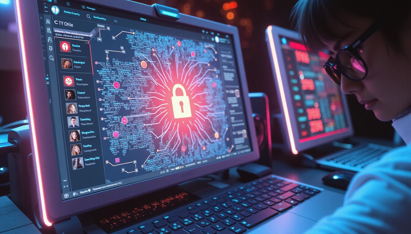 Wide-angle view of a dating platform under cyber-attack, with neon AI security network detecting and highlighting scam profiles.