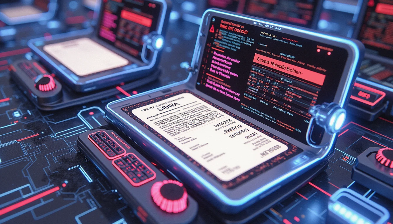 Futuristic AI system automating expense audits with neon-lit scanners, data streams, and integrated fraud detection tools