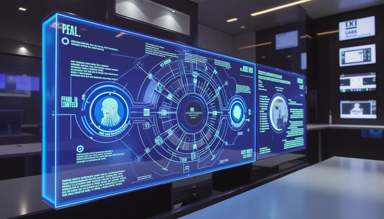 Futuristic insurance office with holographic screens showing AI deepfake detection, biometric scans, and secure digital identity checks