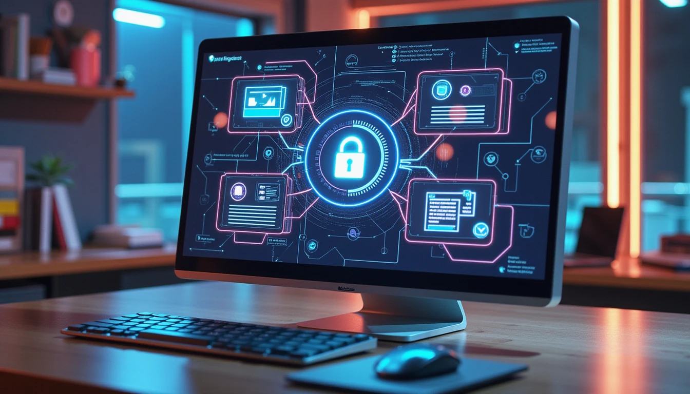 Modern digital workspace with expense management UI, AI fraud detection overlay, and cyberpunk-themed security visuals