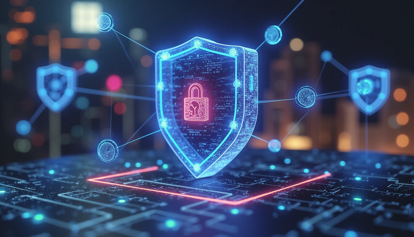Futuristic digital shield with neon glow, surrounded by holographic analytics and interconnected nodes, symbolizing AI-driven fraud detection in insurance.