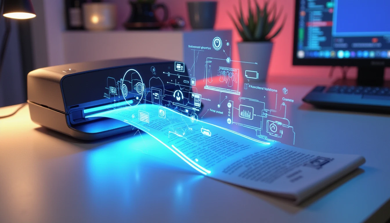Futuristic digital workspace with scanner processing neon receipt, overlaid with HUD showing AI fraud detection and data security icons