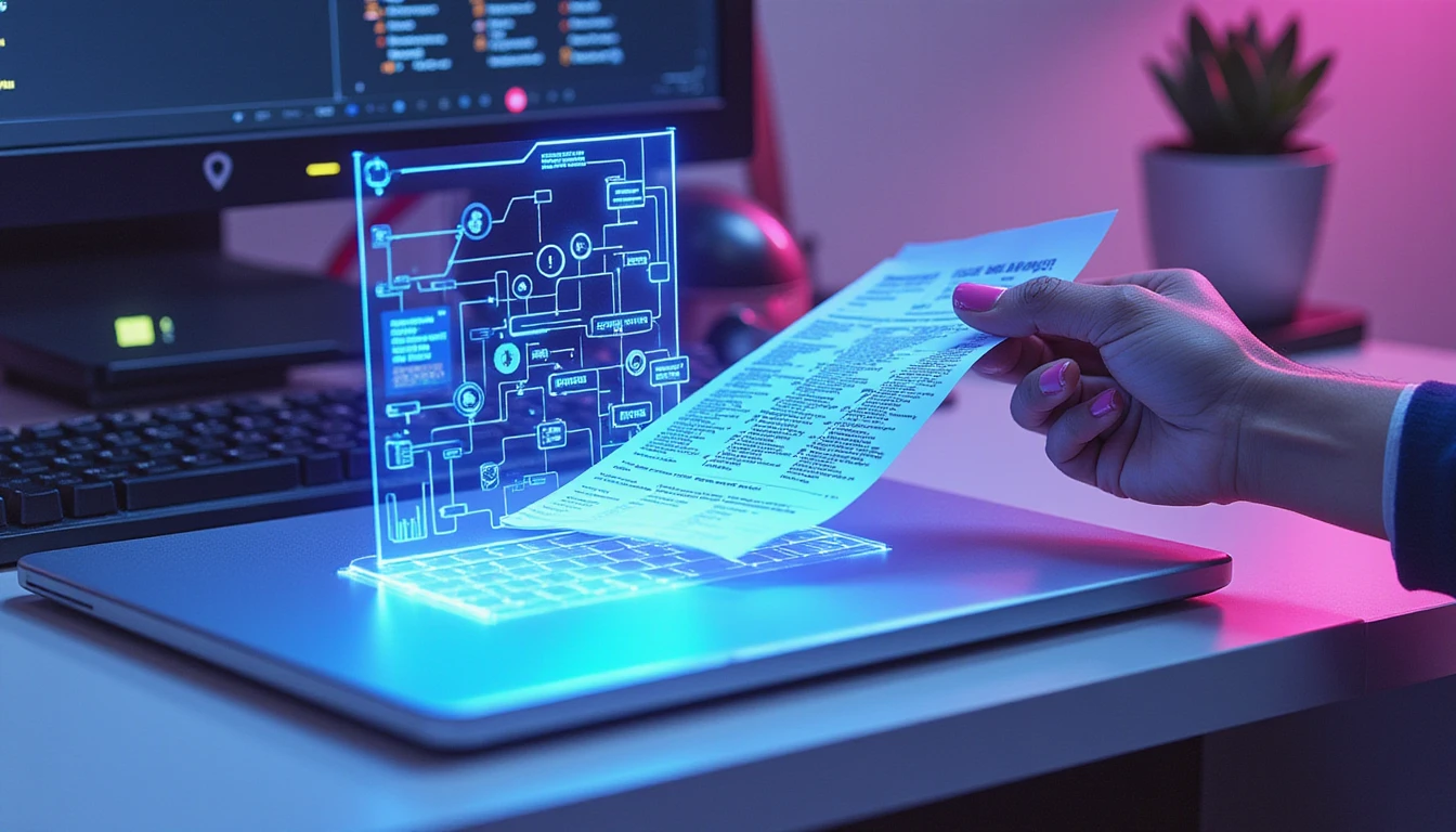 Futuristic macro of neon-lit digital workspace with holographic AI scanning receipt for fraud detection and compliance.