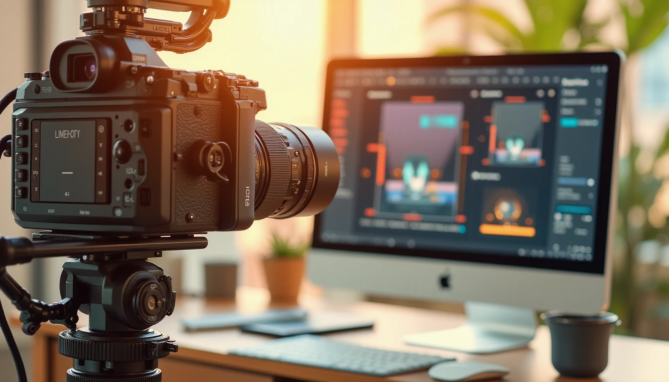 Macro shot of a professional camera capturing AI-driven deepfake detection software analyzing an image on a high-tech insurance security interface.