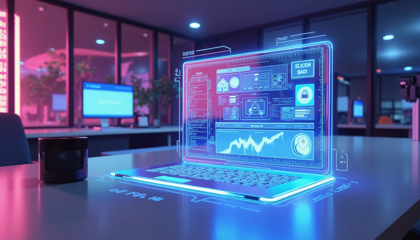 Futuristic workspace with holographic fraud detection interfaces, AI-powered document analysis, and neon security grids ensuring insurance security.