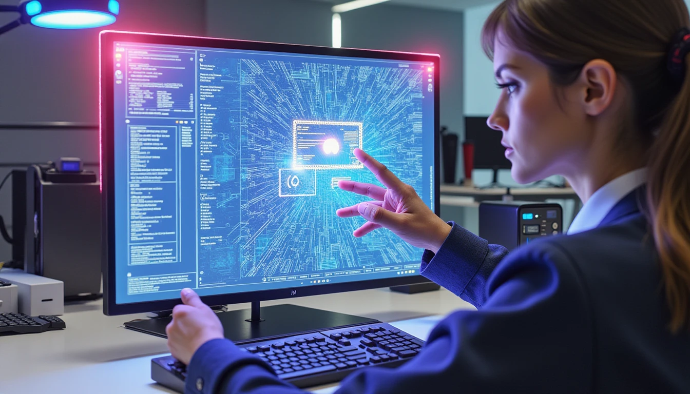 Insurance agent analyzes AI-enhanced damage photo on futuristic interface with neon-lit fraud detection and holographic data overlays
