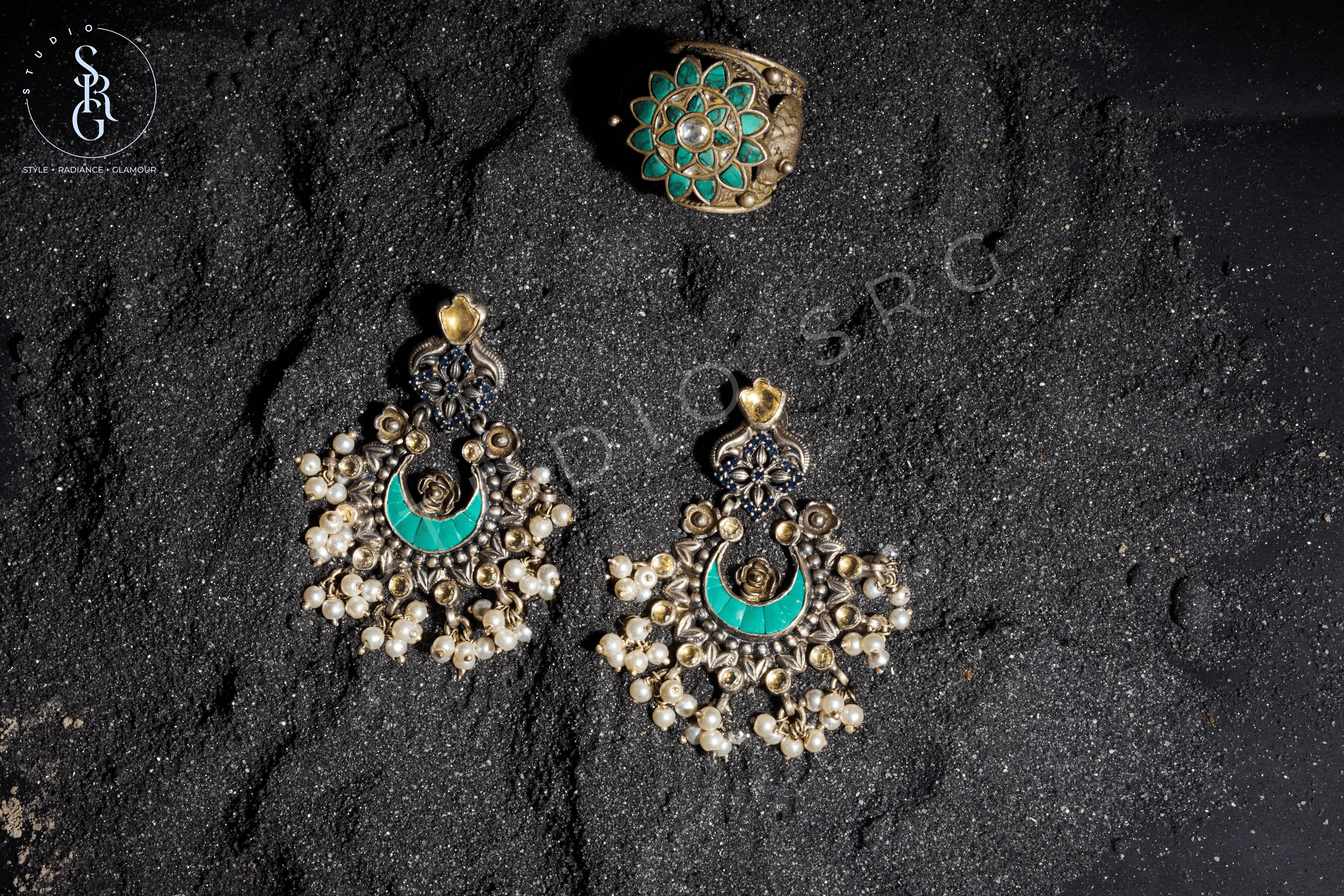 Turquoise & Kundan Chand Bali Earrings with Heavy Carved Ring