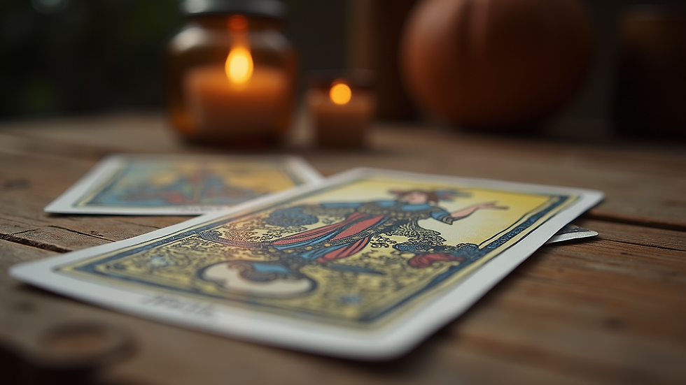 Close-up view of a tarot card spread on a wooden table