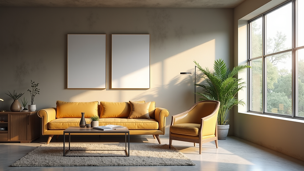 Close-up de sala de estar com design minimalista e área de trabalho integrada