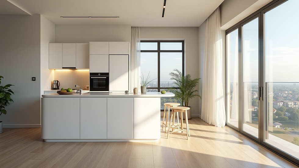 Wide angle view of a bright and modern kitchen area in a studio apartment
