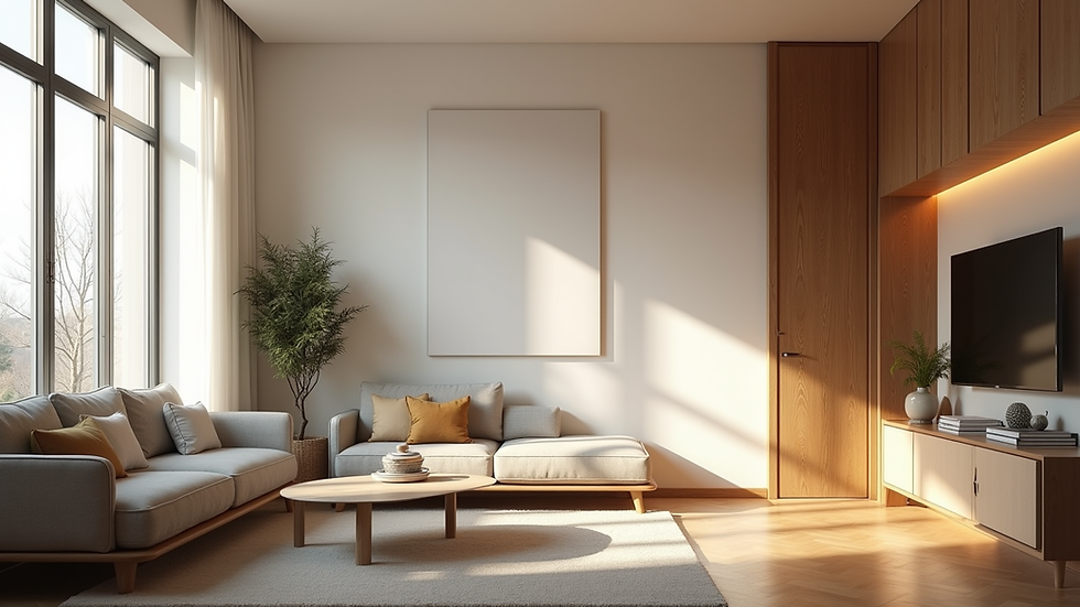 Eye-level view of modern living room with natural light and wooden textures