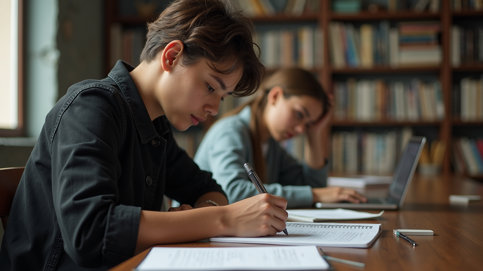 Vista lateral de una estudiante anotando su presupuesto mensual en una libreta