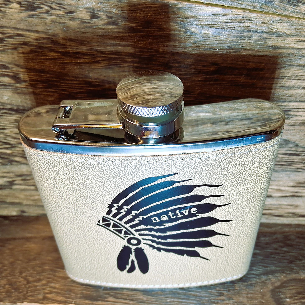 Thumbnail: Stainless Steel Leather Flask with Native Headdress Vinyl Design and the word native.