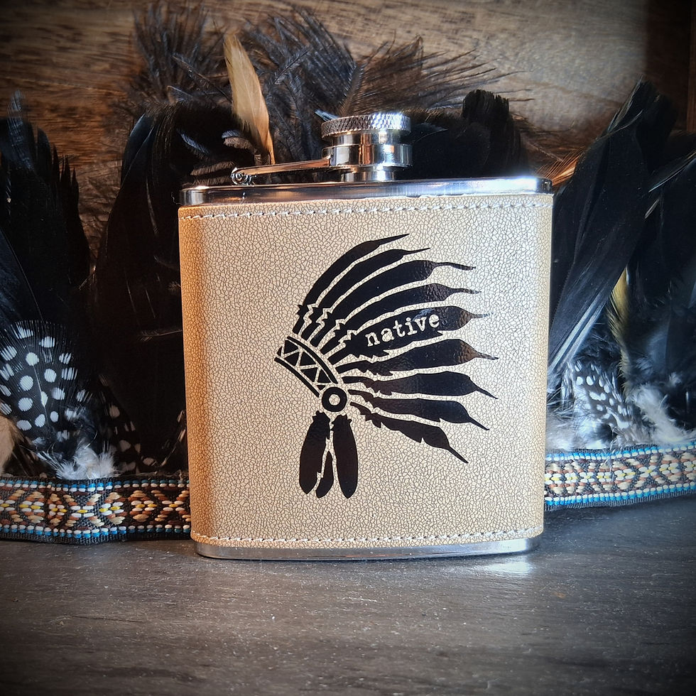 Stainless Steel Leather Flask with Native Headdress Vinyl Design native on tan leather flask