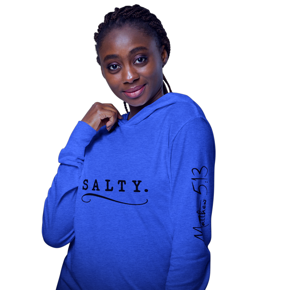 Woman wearing blue hoodie with SALTY print, Matthew 5:13 text, salty girl KatieMacCreative