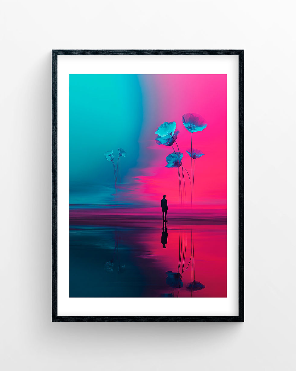 Mellem to Stilheder – surrealistisk Fine Art Print af Hans Olsen, figur ved blå og rosa blomster