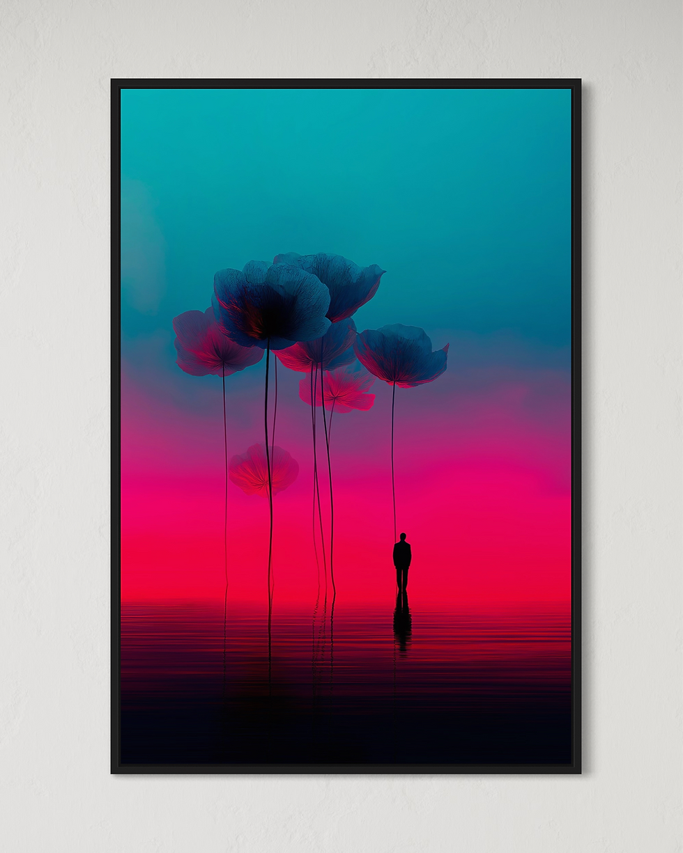 Tavshedens Bevægelse – Fine Art Print af Hans Olsen. Surrealistisk scene med en silhouet omgivet af høje blomster i blå og pi