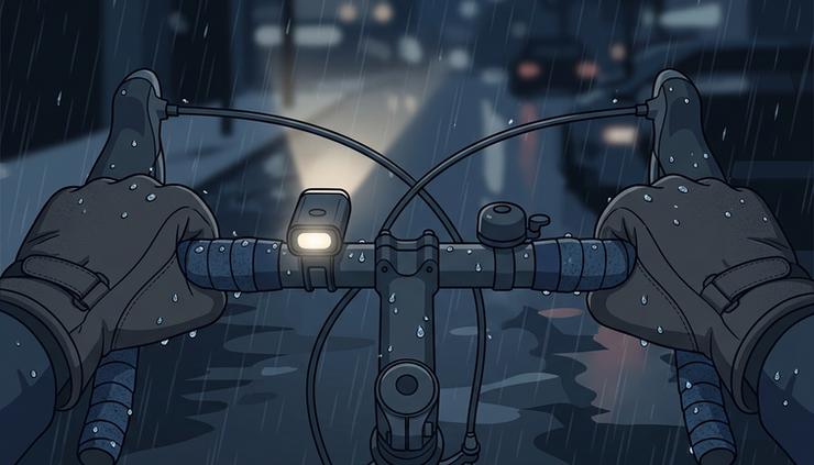 Close-up view of gloved hands holding bicycle handlebars on a rainy evening