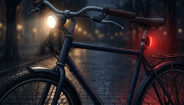 Close-up view of bicycle front and rear lights glowing in the rain