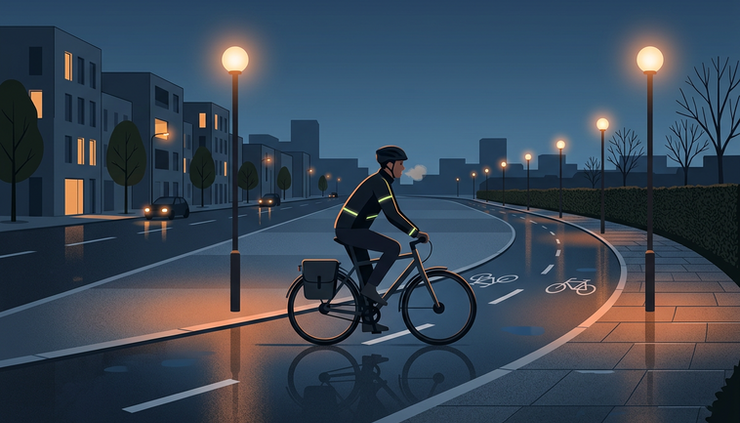 Wide-angle view of a cyclist riding along a lit path at dusk
