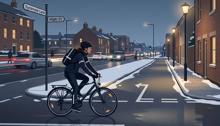 Eye-level view of a cyclist choosing a quiet lit street instead of a busy road
