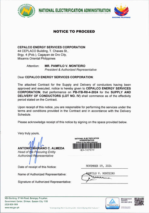 Notice to Proceed : CEPALCO ENERGY SERVICES CORPORATION