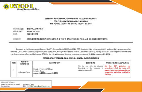 BID BULLETIN NO. 4 : AMENDMENTS/CLARIFICATIONS TO THE TERMS OF REFERENCE (TOR) AND BIDDING DOCUMENTS 