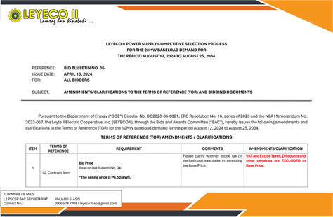 BID BULLETIN NO. 5 : AMENDMENTS/CLARIFICATIONS TO THE TERMS OF REFERENCE (TOR) AND BIDDING DOCUMENTS