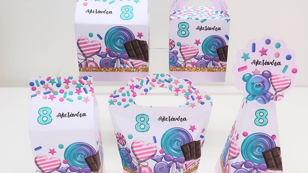 Παστέλ θεματικά κουτάκια πάρτι Lollipop με candy σχέδια και προσωποποιημένο όνομα για παιδικό πάρτι κοριτσιού, including lunchbox, candy box, milkbox και pyramid party favors 🍭💕