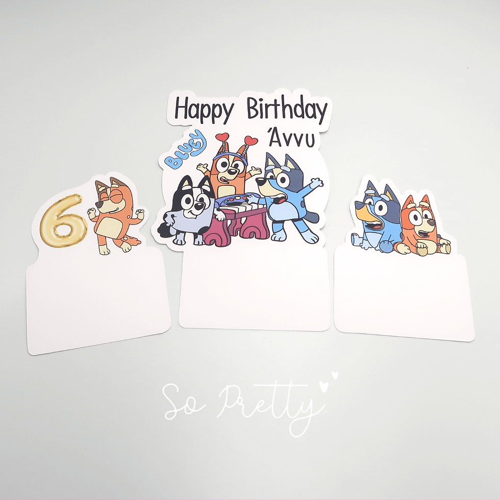 Μικρογραφία: Toppers χαρτινης τουρτας Bluey με Happy Birthday, ηλικια και παιδικα σχεδια.