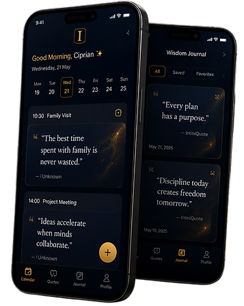 InfiniQuote AI Calendar mobile app showing dark and light themes with smart scheduling and daily inspiration