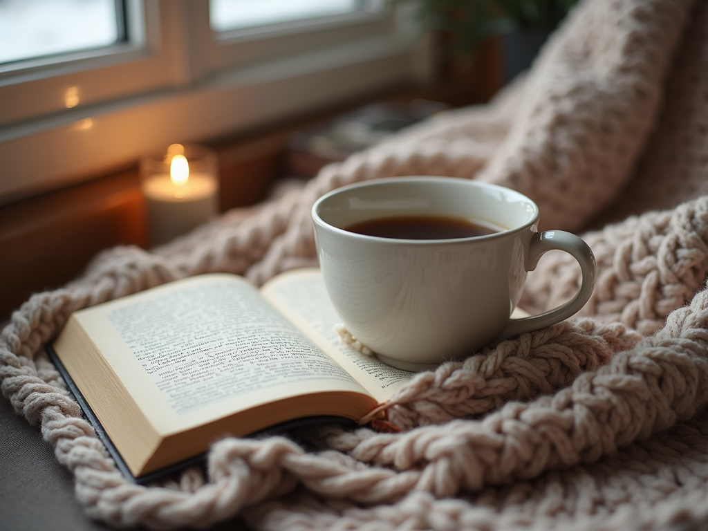 A cozy indoor winter scene featuring a warm drink, a book, and a soft blanket providing comfort.