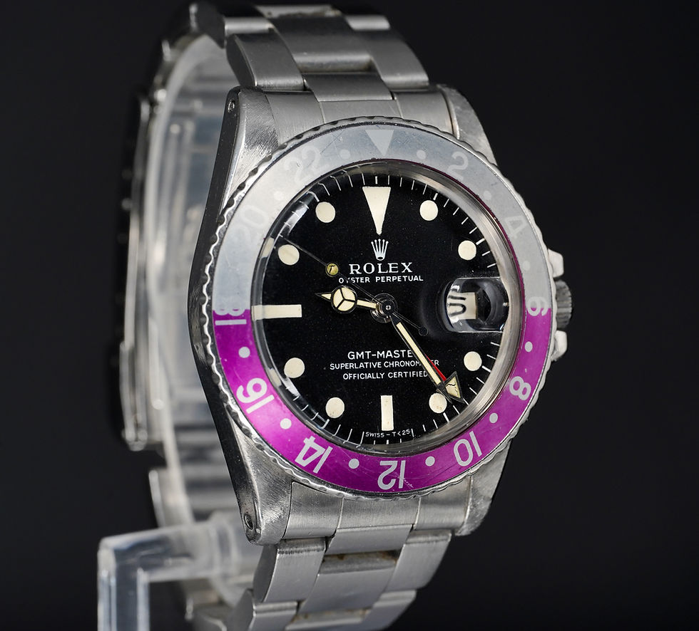 Thumbnail: 1968 Rolex GMT-Master 1675 FUSCIA INSERT Long “E” Stainless Steel Black Dial!
