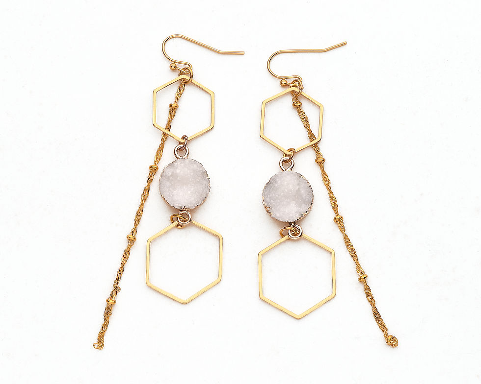 Gold Hexagon Chain + Quartz Earrings (Multiple Colors)