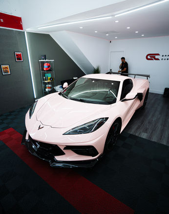 wrap installation on Corvette c8  in Miami at Garage Customs FL