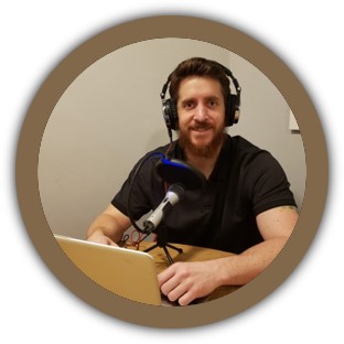 Circular image of Jeff Marshall against a beige background, with laptop, headphones and microphone recording equipment