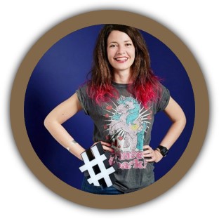 A circular image of Elodie Chabrol of the Pint of Science festival, against a blue background and holding a hashtag sign image