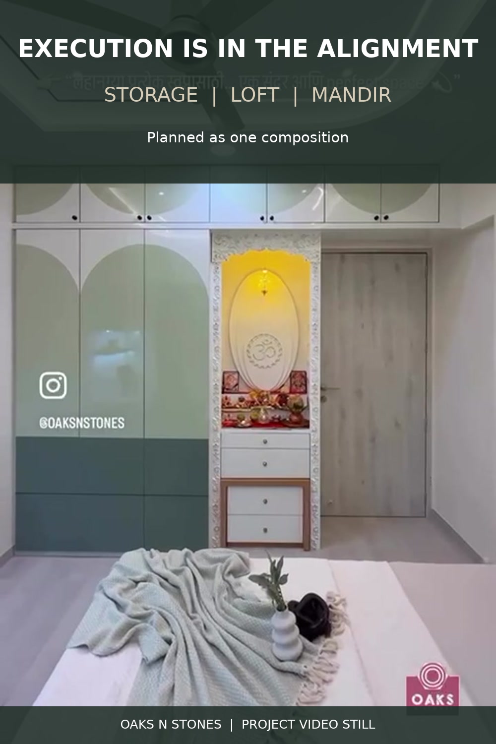 Oaks n Stones bedroom project still showing full-height storage, overhead lofts and an integrated mandir.