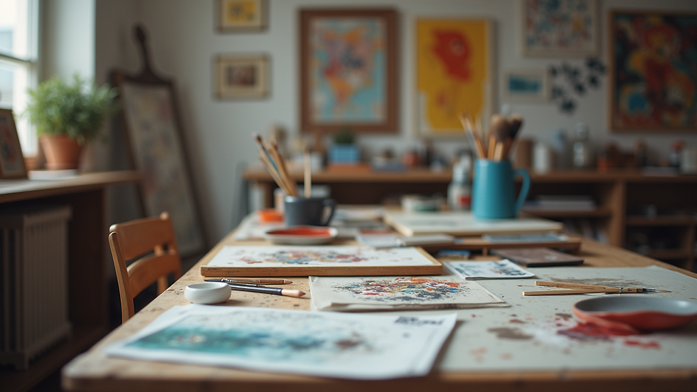 Çeşitli sanat malzemelerinin bulunduğu sanat atölyesi