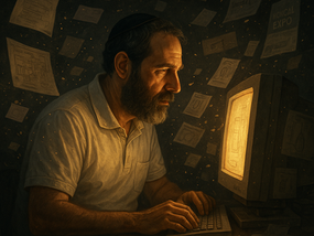 Jewish man with a graying beard and yarmulke sits in a dark room, staring at a glowing old computer screen, surrounded by floating fragments of recovered files, product designs, and trade show visuals—symbolizing rediscovery of lost work and vision.