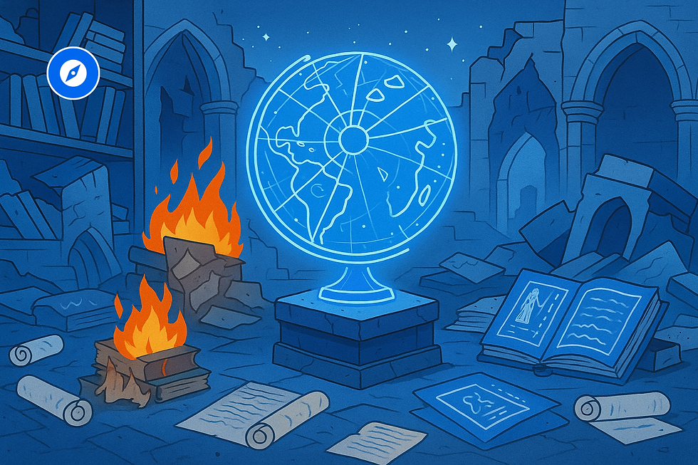Collage of lost knowledge centers with glowing map