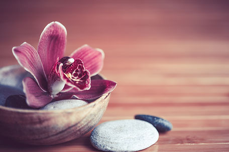 Flower and Rocks in Wooden Bowl