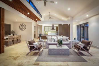 Open-plan living room, dining area, and kitchen