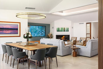 Open-plan living and dining room with modern fireplace