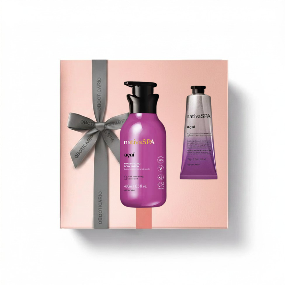 Nativa SPA Kit featuring plum lotion and hand cream in pink gift box.