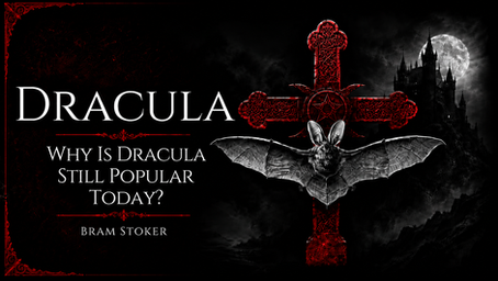 Dark gothic Dracula blog banner featuring a large red ornate cross, detailed bat with spread wings, moonlit castle, black background, and white title text reading “Why Is Dracula Still Popular Today?” from Kittredge Publishing.