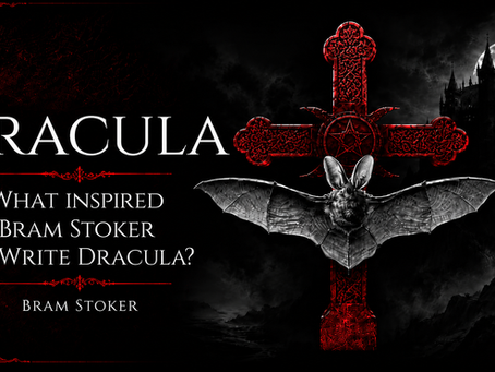Dark gothic Dracula blog banner featuring a large red ornate cross, detailed bat with spread wings, moonlit castle, black background, and white title text reading “What Inspired Bram Stoker to Write Dracula?” from Kittredge Publishing.